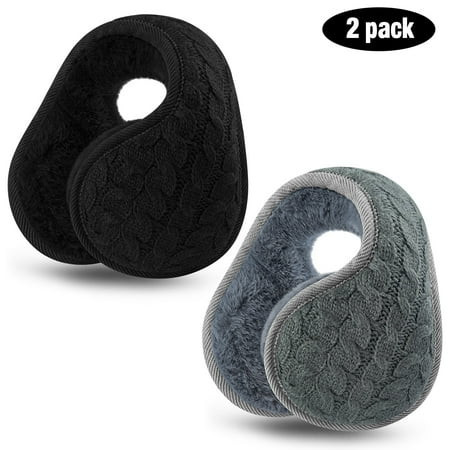 Loritta 2 Pacs Winter Earmuffs for Women, Foldable Warm Cable Knit Fleece Ear Muffs Black and Gray | Walmart (US)