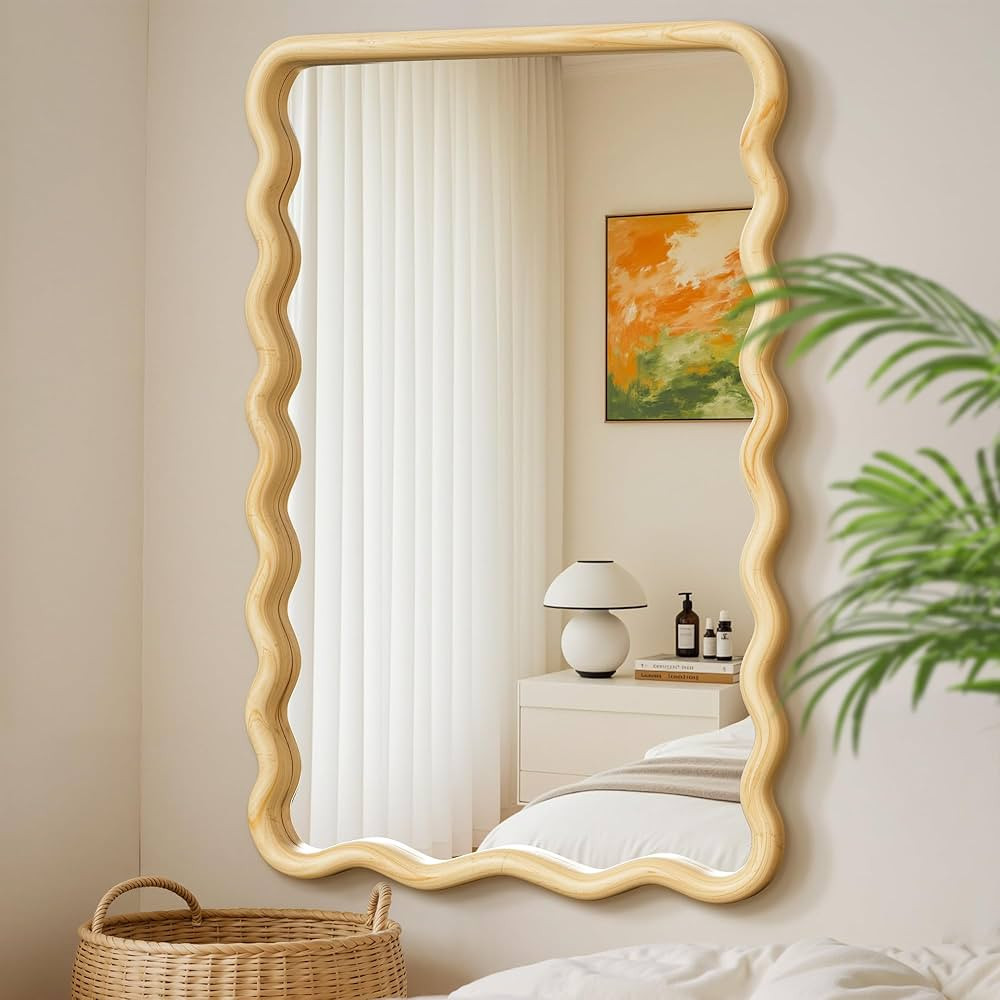 Bathroom Mirror for Wall, 24"x36" Boho Wavy Wood Mirror Large Full Length Decorative Mirror with ... | Amazon (US)
