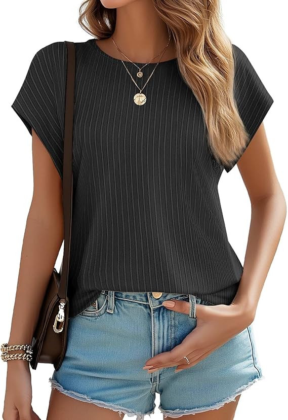 JUSTFASHIONNOW Womens Short Sleeve Blouses Business Casual Tops Crew Neck Basic Tees Textured Wor... | Amazon (US)