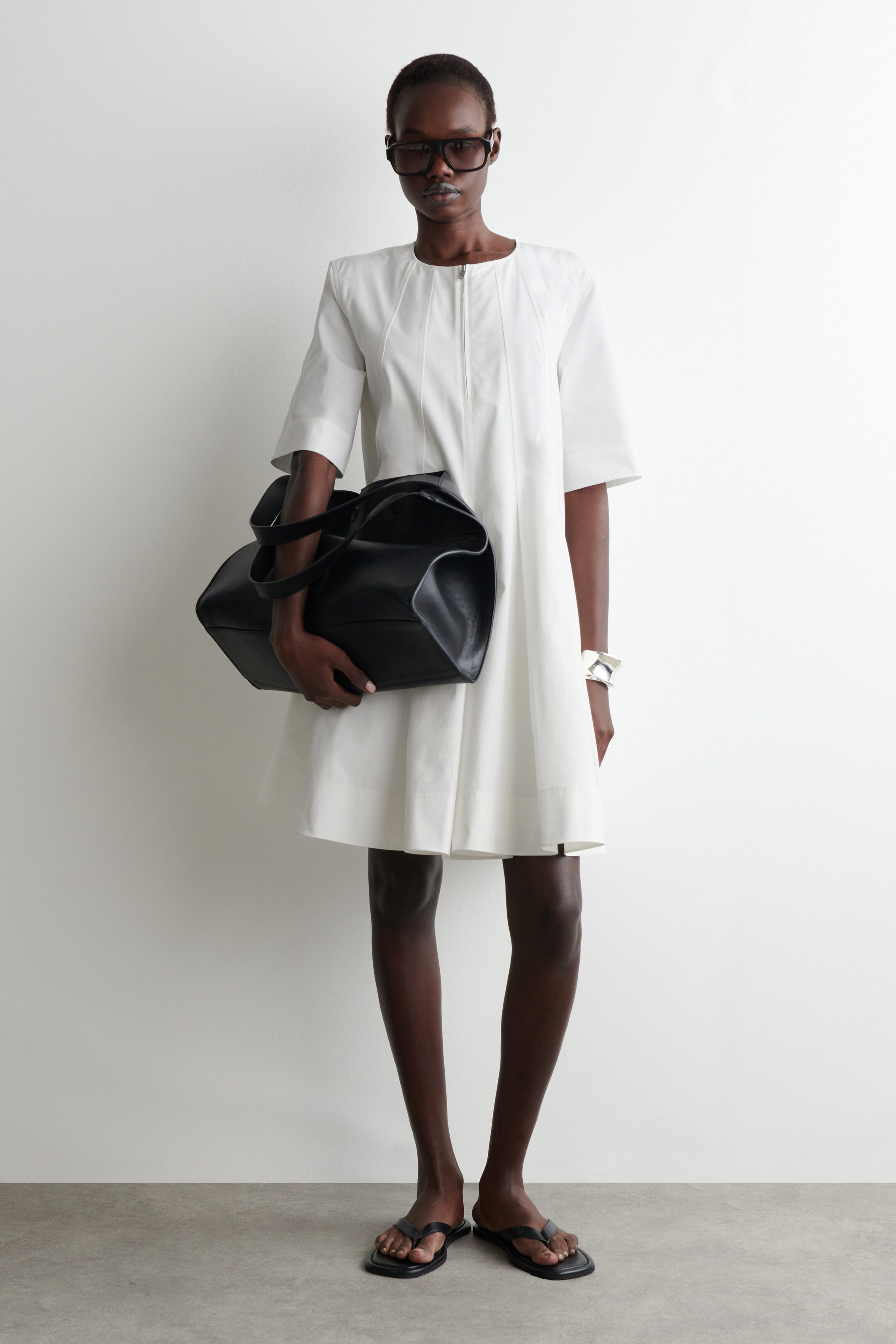 PLEATED ZIP-UP COTTON MINI DRESS - WHITE | COS UK