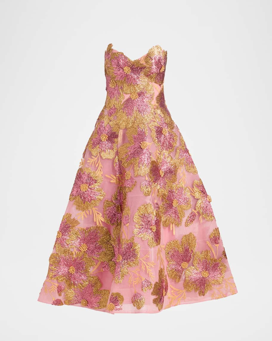 Monique Lhuillier Strapless Metallic Floral Embroidered Tulle Tea-Length Dress | Neiman Marcus