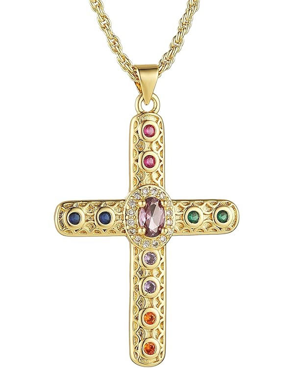 HZMAN Gold Cross Necklace for Women 18K Gold Plated Necklace Dainty Retro Cubic Zirconia Cross Ne... | Amazon (US)
