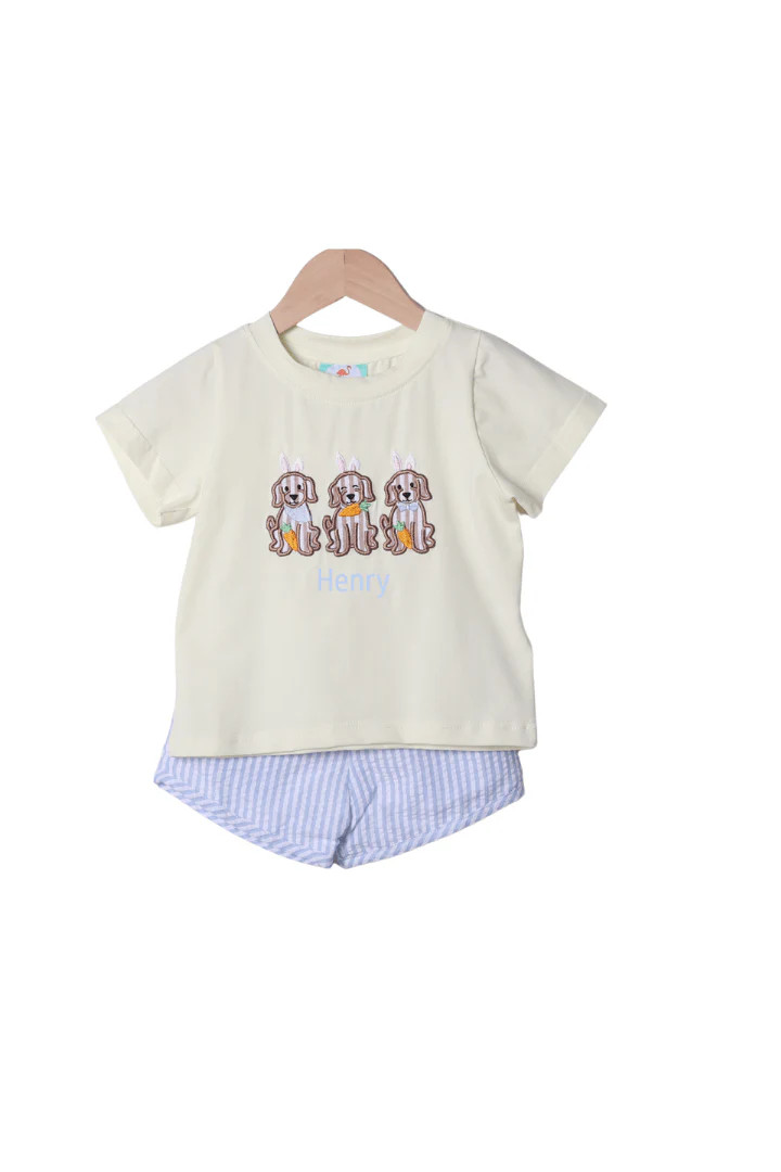 Applique Easter Puppy Blue Seersucker Short Set | The Smocked Flamingo