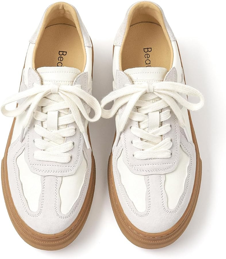 BEAU TODAY Fashion Sneakers Women,Leather Lace Up Platform OG Sneakers,Retro Comfortable Casual T... | Amazon (US)