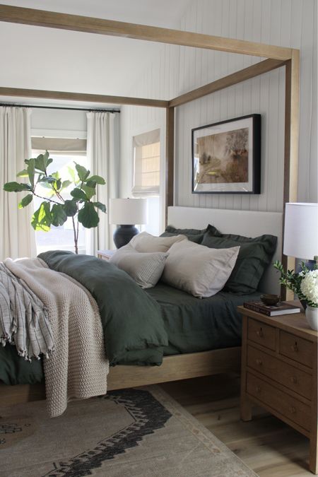 Green bedding, Belgian linen bedding, PotteryBarn, primary bedroom 

#LTKhome