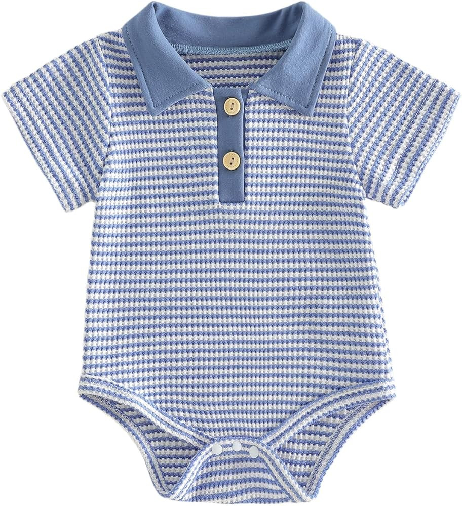 VISGOGO Baby Boy Striped Romper Waffle Short Sleeve Button Oversized Bodysuit Summer Baby Collare... | Amazon (US)