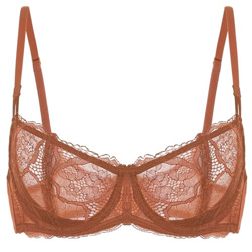 DOBREVA Women's Balconette Push Up Bra Sexy Lace Plus Size Unlined Sheer Underwire Bronze Beige 32C | Amazon (US)