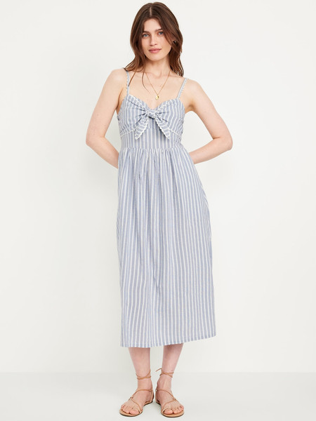 Fit & Flare Tie-Front Seersucker Midi Dress | Old Navy (US)