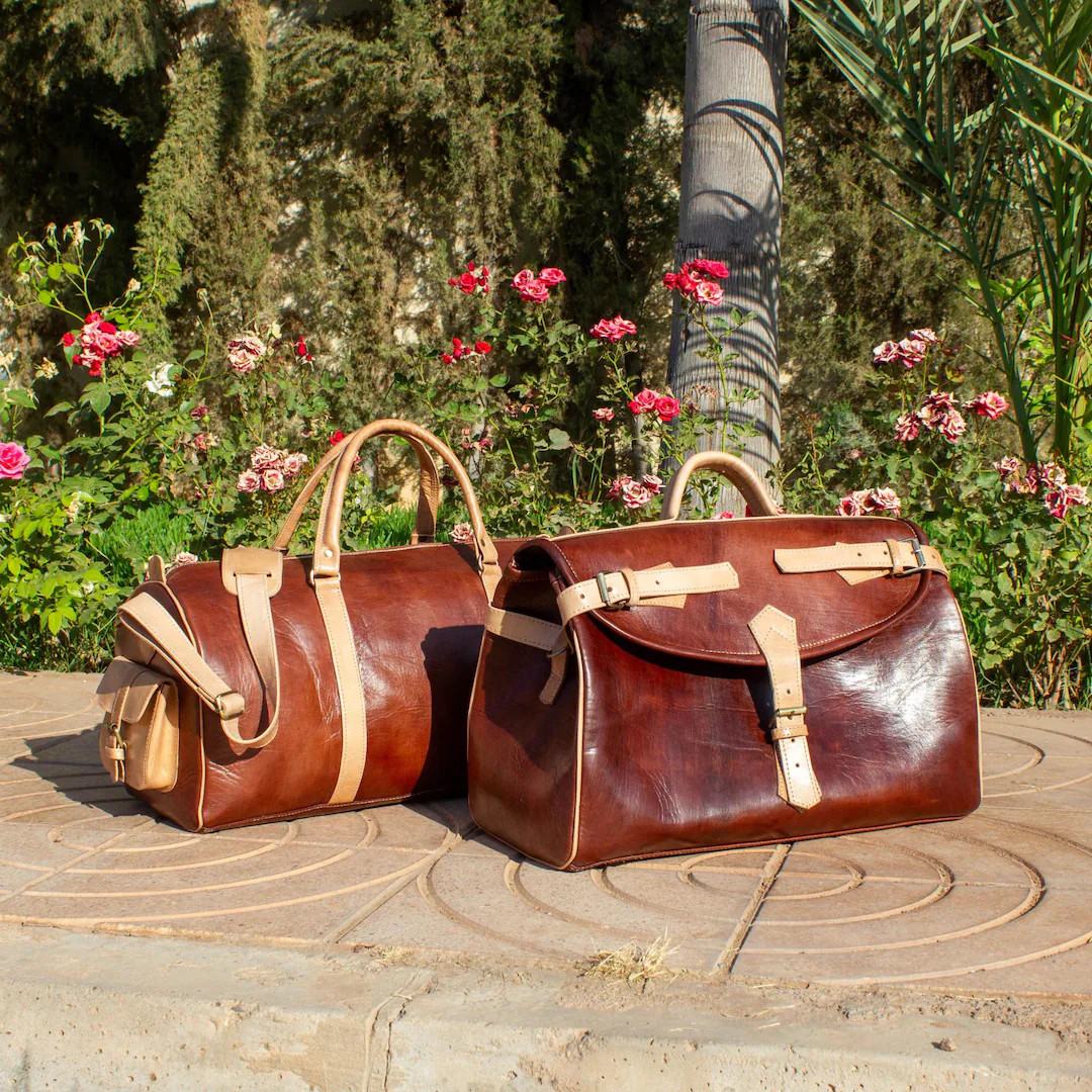 Handmade Moroccan Leather Weekender Set: Brown Duffle Travel Bags - Etsy | Etsy (US)