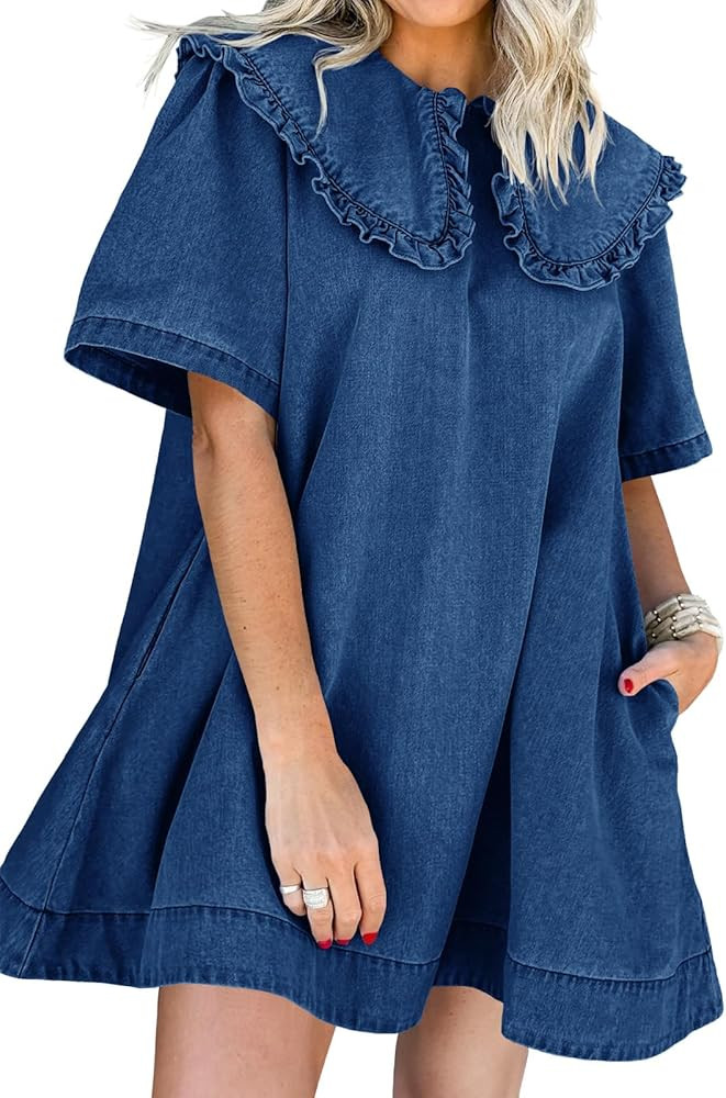 Wenrine Womens Summer Denim Mini Dress Oversized Peter Pan Collar Short Sleeve Casual Flowy Babyd... | Amazon (US)