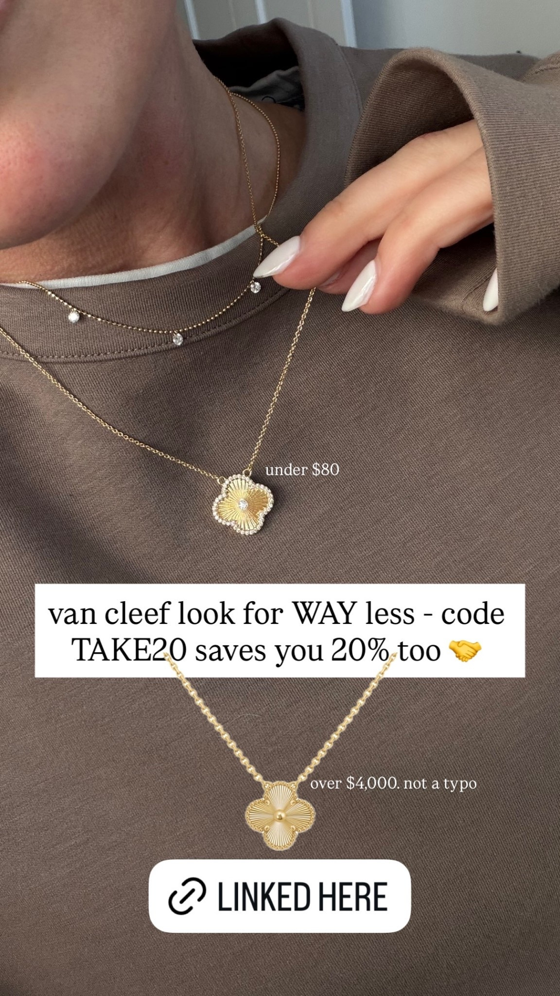 van cleef look for WAY less - code TAKE20 saves you 20% too 🤝 top necklace is under $80 - bottom is over $4,000. not a typo

#LTKFindsUnder100 #LTKmomlife