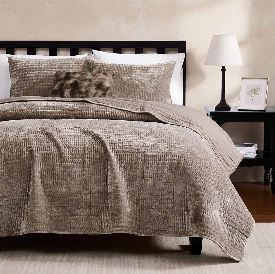 WDCOZY Velvet King Size Quilt Set - Brown Taupe Tan Camel Striped Pick Stitch Soft Lightweight Be... | Amazon (US)