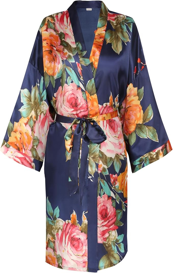 Women's Silk Floral Robe for Bride Bridesmaid Short Lightweight Kimono Bathrobe Loungewear | Amazon (US)