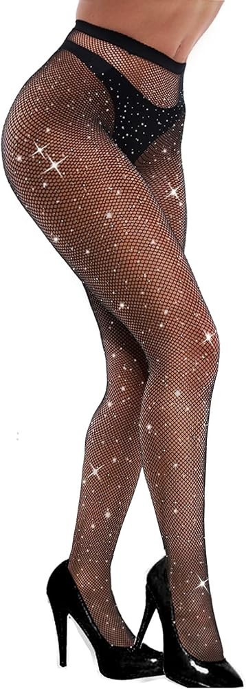 VEBZIN Sexy Sparkly Fishnets Stockings Jeweled High Waist Fishnet Tights for Women Rhinestone Par... | Amazon (US)