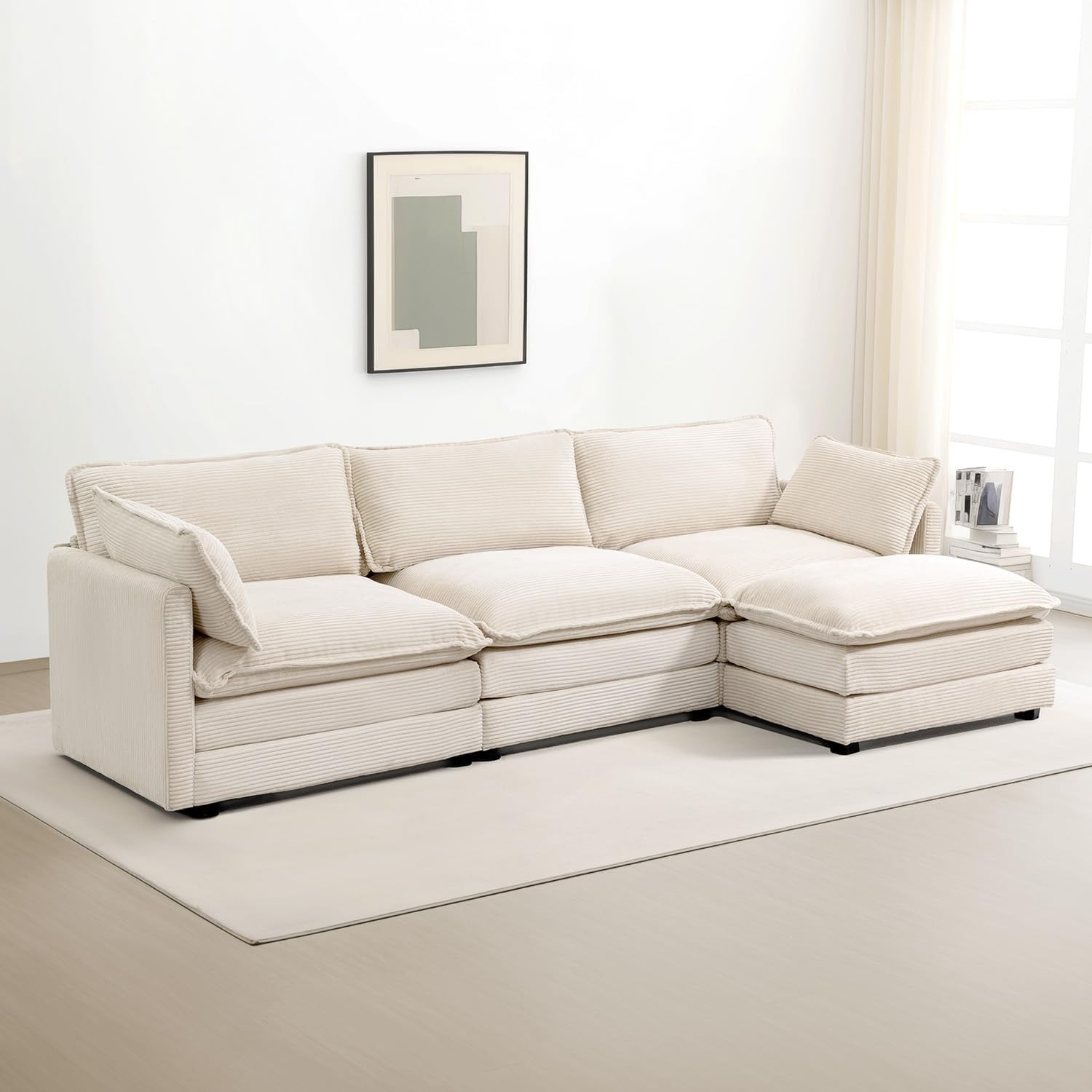 ROWHY 112'' Modular Sectional Cloud Couch with Movable Ottoman, 4 Seat Modern Corduroy Sofa, Deep Seat L Shaped Couch for Living Room Bedroom Apartment, Beige | Amazon (US)