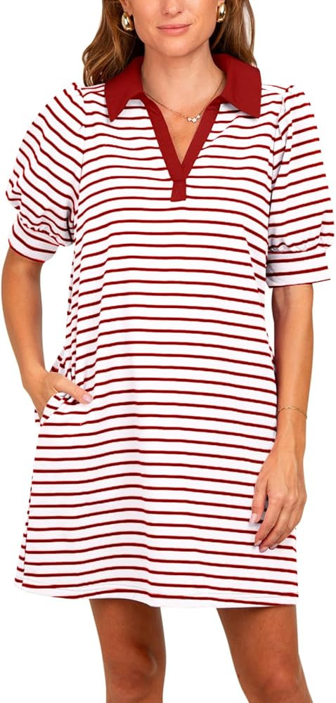 Yousify Women's Summer Lapel Collared V Neck Striped Dress Casual Puff Short Sleeve Polo Tshirt D... | Amazon (US)