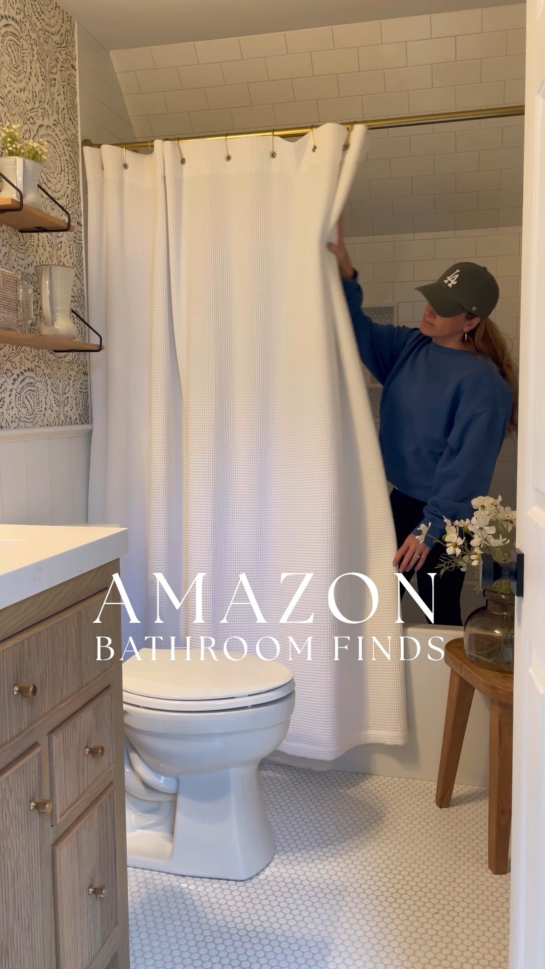 Amazon bathroom Wallpaper, shelves, vanity mirror and sconce, shower curtain, bathroom essentials, holiday bathroom 

#LTKSaleAlert #LTKHoliday #LTKHome