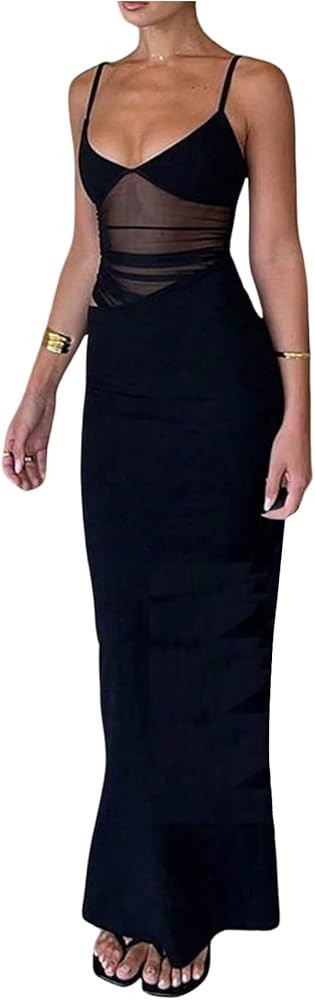 Women's Sheer Mesh Cut Out Maxi Dresses V Neck Sleeveless Patchwork Cami Summer Bodycon Dress | Amazon (US)