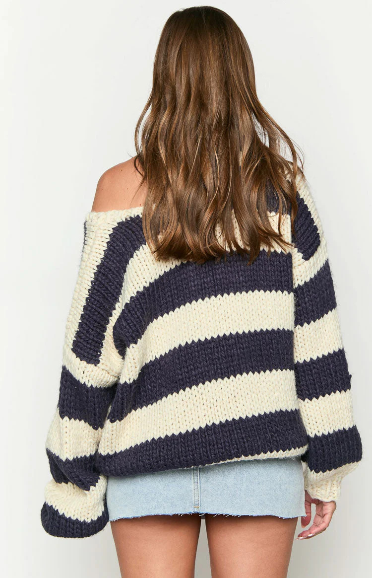 Delvey Navy Striped Chunky Knit Sweater | Beginning Boutique (US)