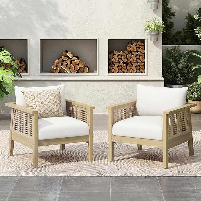 Merax Outdoor Acacia Wood Chair Set of 2 PE Wicker Club Chair Dining Chair with Waterproof Detach... | Amazon (US)