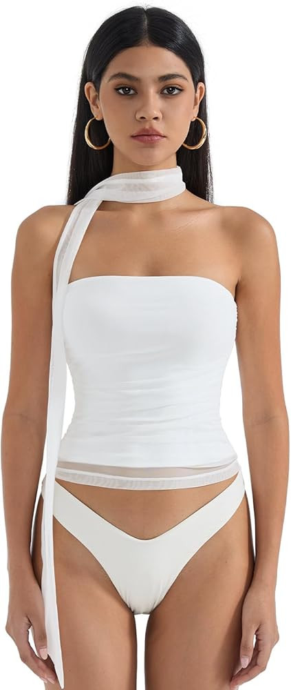 SUUKSESS Women Ruched Strapless Mesh Tube Top Y2k Sleeveless Bandeau Tank Tops with Scarf 2025 | Amazon (US)