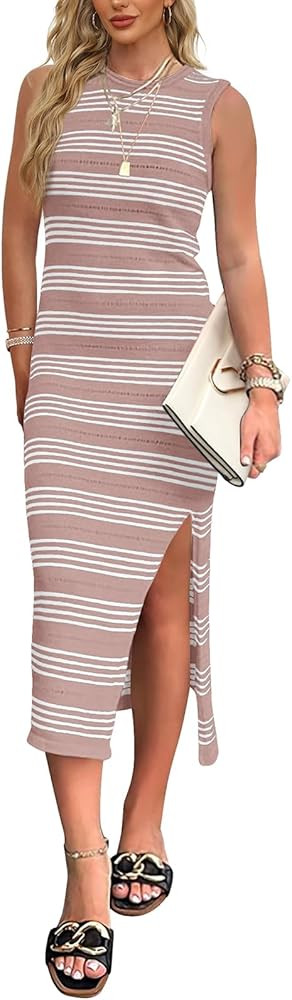 WIHOLL Womens Bodycon Summer Casual Midi Sundress Sleeveless Cute Hollow Out Knit Side Slit Strip... | Amazon (US)