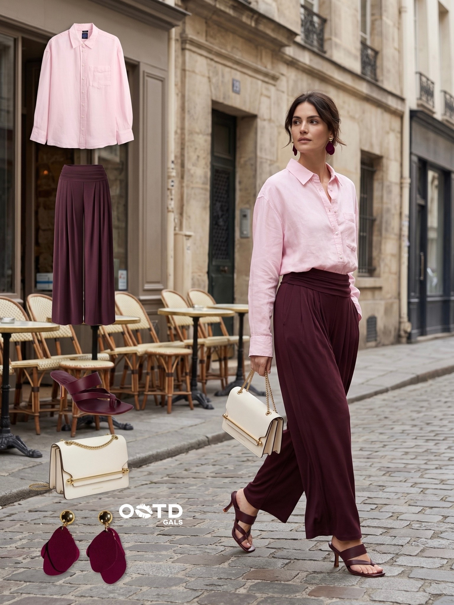 Pink button-down and burgundy trousers outfit 🩷🍷

A chic and colorful look for wandering the city. Styling this soft pink button-down shirt, worn slightly unbuttoned with rolled sleeves, with flowy burgundy wide-leg trousers creates a beautiful, unexpected color combination. The matching burgundy strappy heels, statement drop earrings, and elegant cream handbag with gold hardware add the perfect polished finish to this romantic outfit.

Style Details:
• Pink button-down shirt (worn slightly unbuttoned with rolled sleeves)
• Burgundy wide-leg trousers
• Burgundy strappy kitten heel sandals
• Cream structured handbag with gold bar and chain strap
• Burgundy and gold statement drop earrings

Recreate this elegant style with the similar links below!

Do you prefer wearing neutral tones or bold color combinations like this one? Let me know below! 👇

#LTKbeauty #LTKsummer #LTKeurope