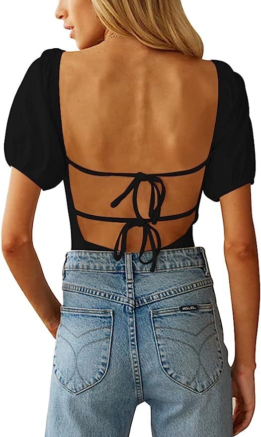 oten Women's Sexy Backless Puff Sleeve Square Neck Tie Back Bodysuit Tops | Amazon (US)