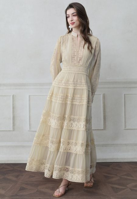Savvy Elegance Notch Neck Floral Lace Panelled Maxi Dress in Cream | Chicwish