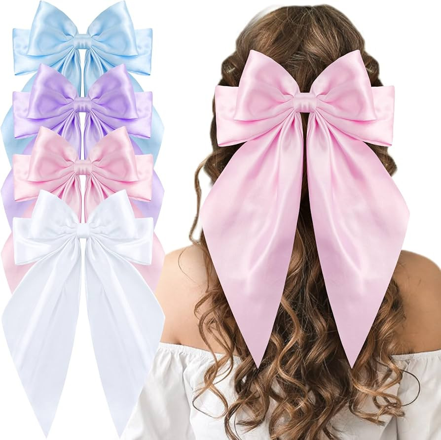 4 Pcs Easter Hair Bows for Women Girls, Large Satin Bow Hair Ribbon Long Tail Bow Hair Clips Pink... | Amazon (US)
