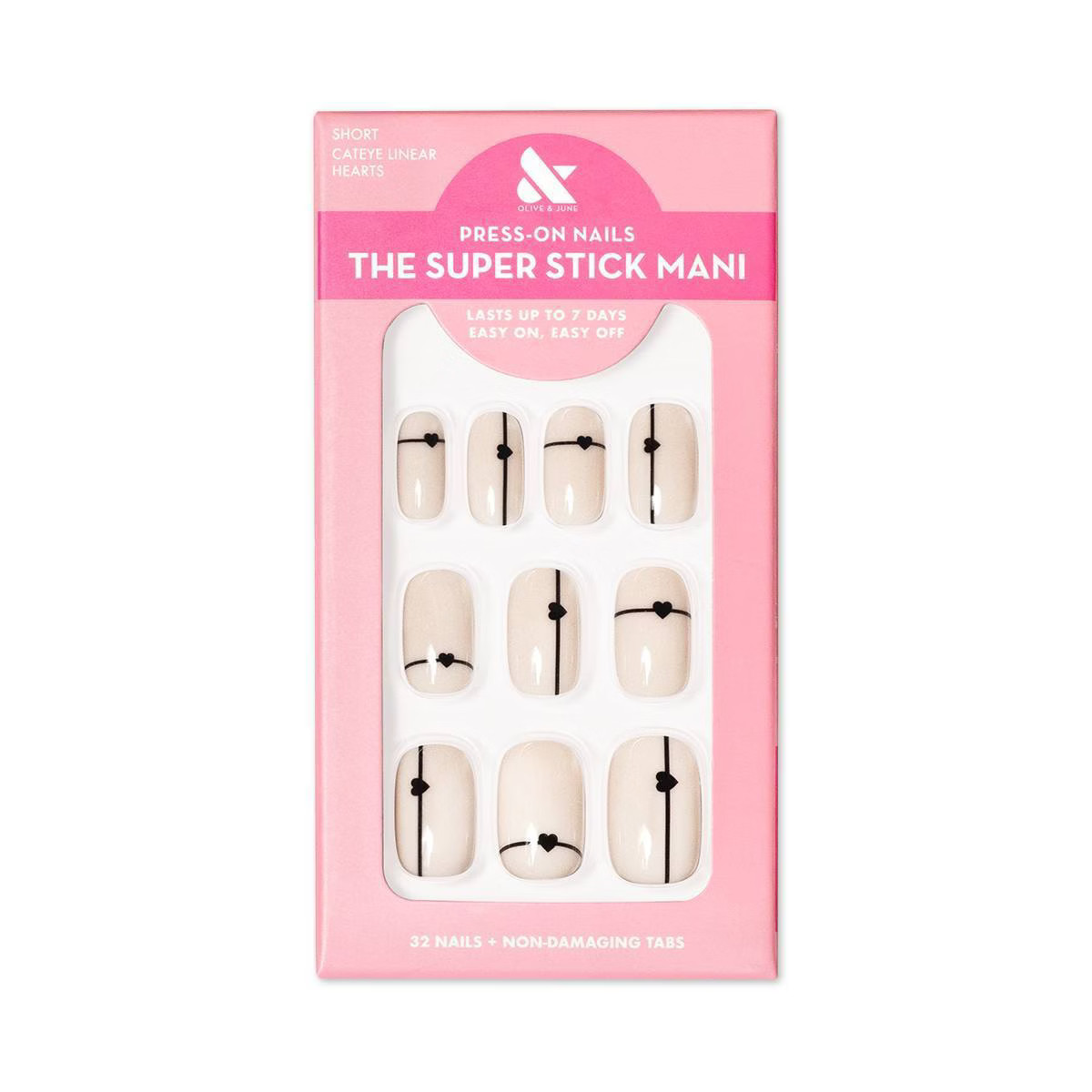Olive & June Fake Nails - S Squoval - Cateye Linear Hearts - 32ct | Target