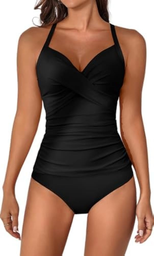 B2prity Women's Ruched Tankini Swimsuits V Neck Wrap Tie Back Two Pieces Bathing Suit Tummy Contr... | Amazon (US)