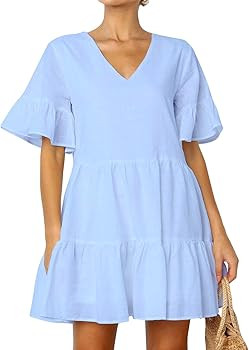FANCYINN Women’s Cute Shift Dress with Pockets Fully Lined Bell Sleeve Ruffle Hem V Neck Loose ... | Amazon (CA)