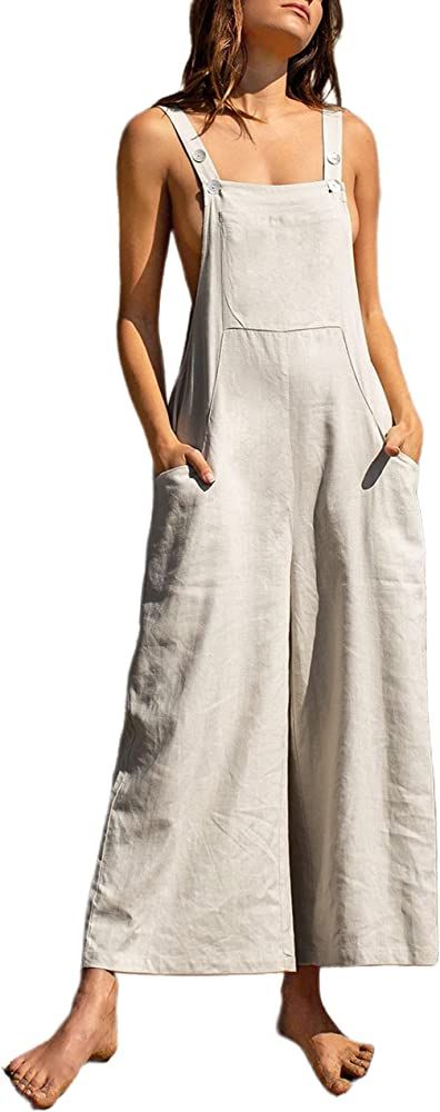 Bianstore Womens Loose Cotton Linen Bib Overalls Wide Leg Baggy Jumpsuits with Pockets | Amazon (US)
