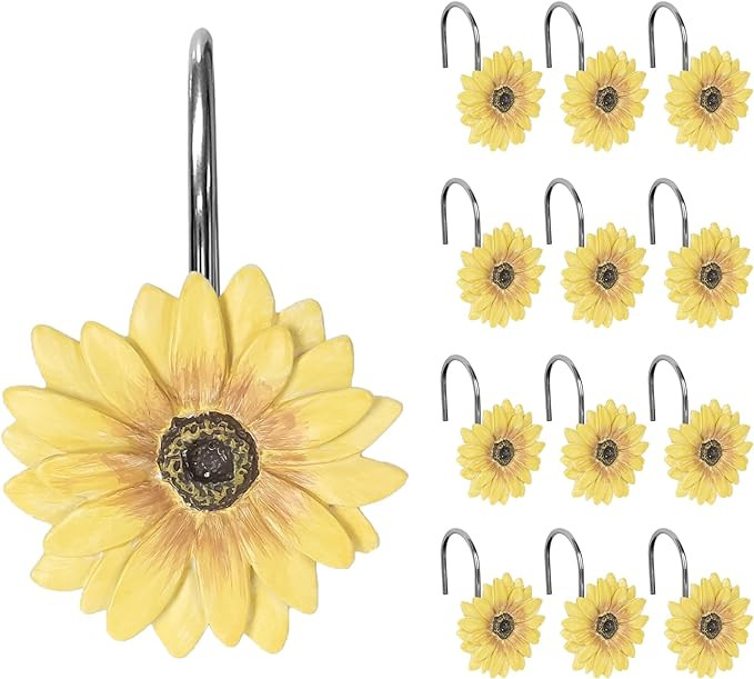 Sunlit Yellow Sunflower Shower Curtain Hooks, Home Decorative Shower Curtain Rings for Bathroom, ... | Amazon (US)