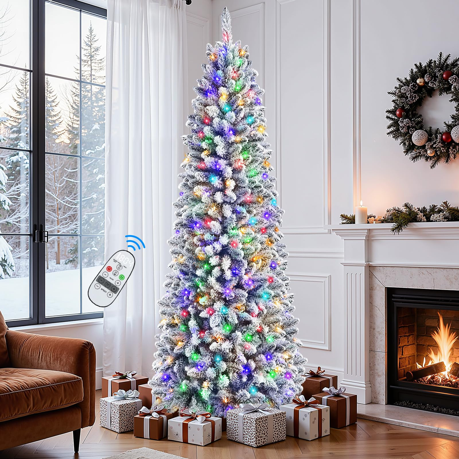 SHareconn 7ft Pencil Christmas Tree, Snow Flocked Artificial Hinged Xmas Tree with Warm White&Mul... | Amazon (US)