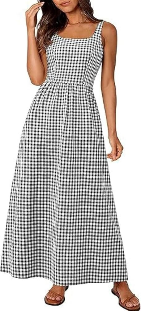 Womens Pure Cotton Plaid Maxi Tank Dress Square Neck, Smocked Back Aline Flowy Sundress, Boho Gin... | Amazon (CA)