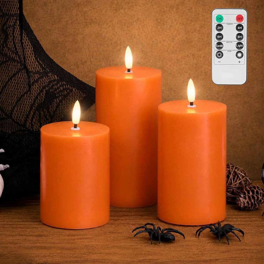 Burnt Orange Fall Halloween Flameless Pillar Candles with Remote 3 Pack | Amazon (US)