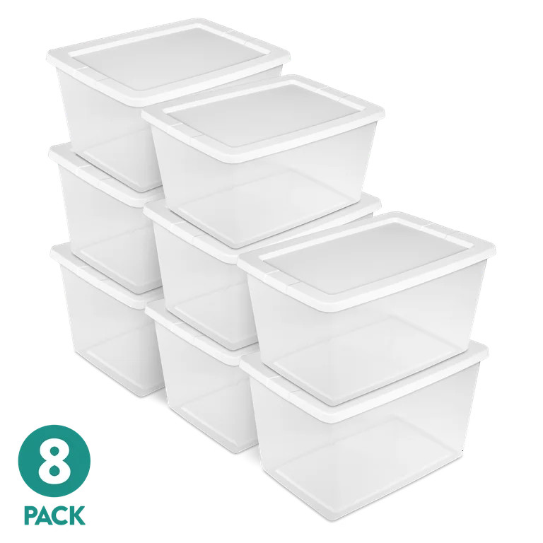Sterilite 58 Quart Storage Box, Clear Plastic Storage Bin with Snap-on Lid, White, 8 Pack | Walmart (US)