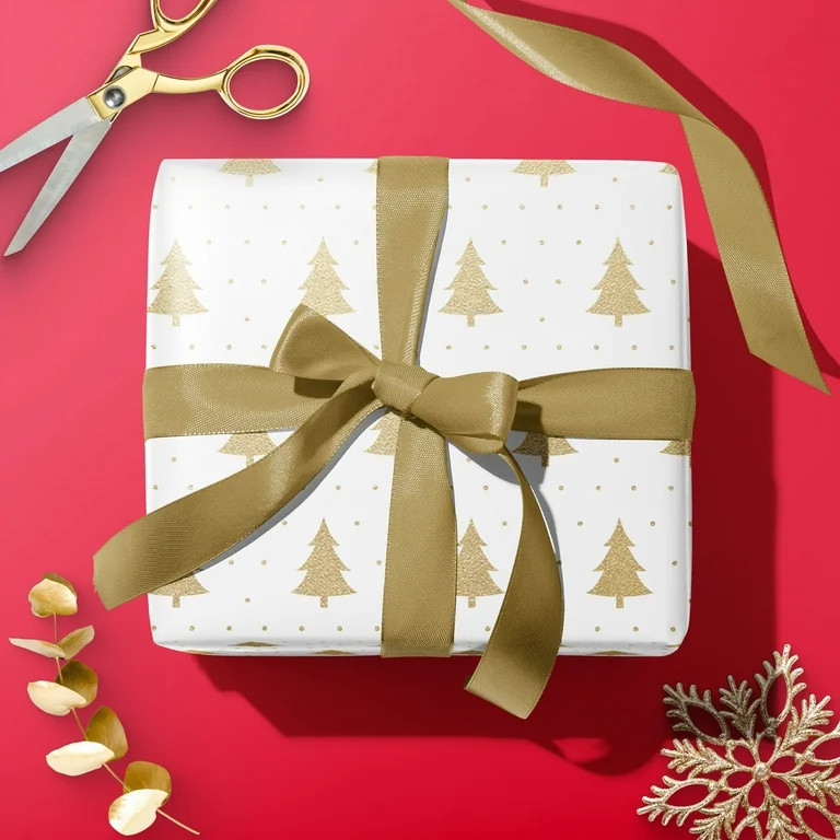 Gold and White Trees Premium Heavyweight Christmas Wrapping Paper, 25 sq ft, by My Texas House | Walmart (US)