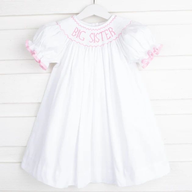 Light Pink Big Sister Smocked Bishop White Pique | Classic Whimsy