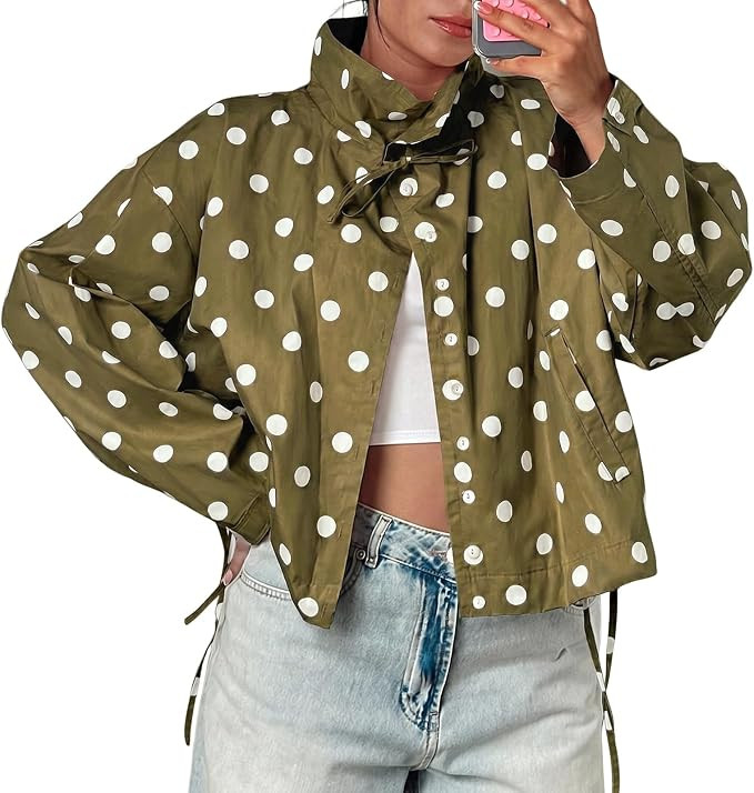 Cicy Bell Womens Polka Dot Short Trench Coat Cropped Stand Collar Jackets | Loose Fit, Long Sleev... | Amazon (US)
