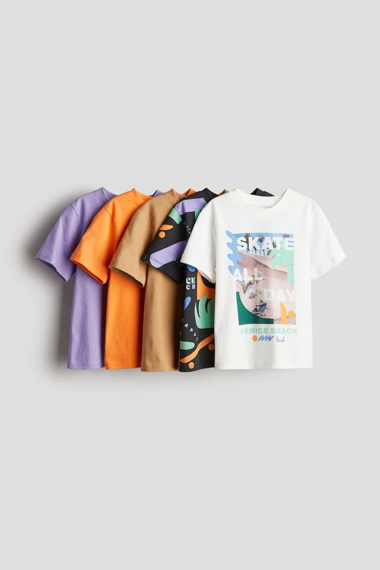 5-pack Jersey T-shirts - Round Neck - Short sleeve - White/Skate All Day - Kids | H&M US | H&M (US + CA)