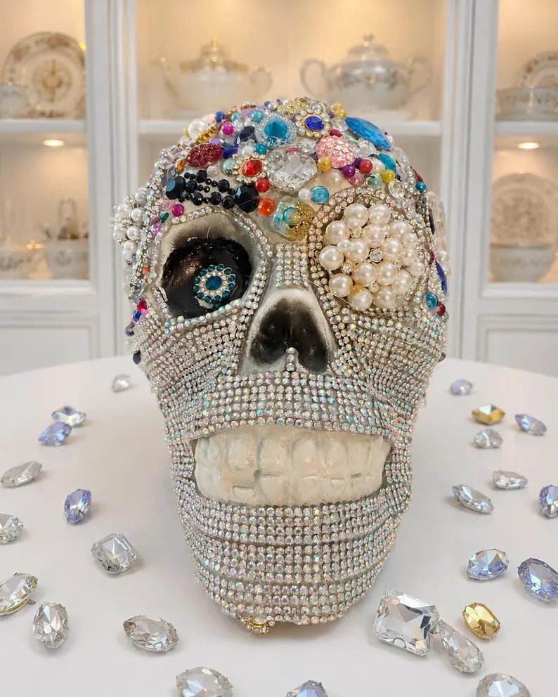 Jeweled rhinestone mummy skull, bejeweled Halloween decoration, bedazzled skull, goth decor, skel... | Etsy (Global)