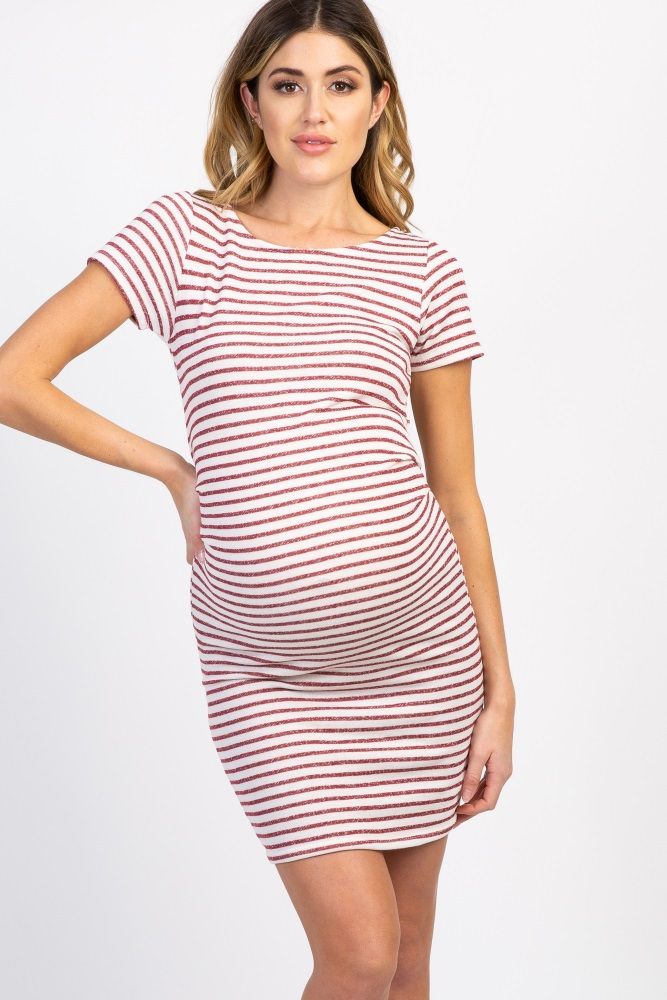 Petite Burgundy Striped Fitted Short Sleeve Maternity Dress | PinkBlush Maternity