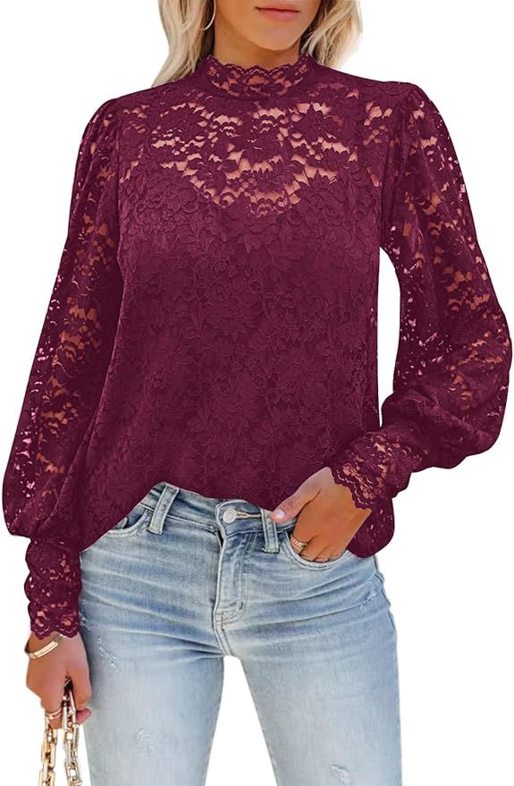 DOROSE Womens Lace Tops Dressy Casual Puff Short Sleeve Floral Summer Blouses Shirts | Amazon (US)