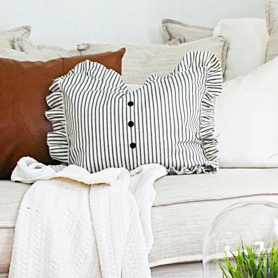 Ruffled Black Ticking Striped Pillow, Accent Pillow, Striped with Buttons | Etsy (US)