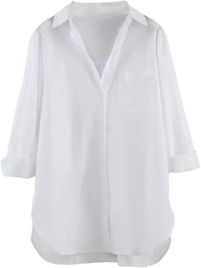 Cofouen Women's Cotton Linen Shirts Button Down V Neck Blouse Casual Long Sleeve High Low Tops | Amazon (US)