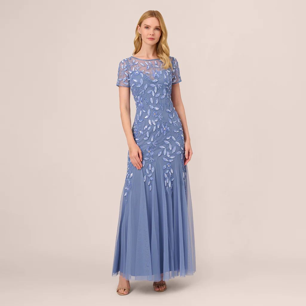Hand Beaded Short Sleeve Floral Godet Gown In French Blue | Adrianna Papell