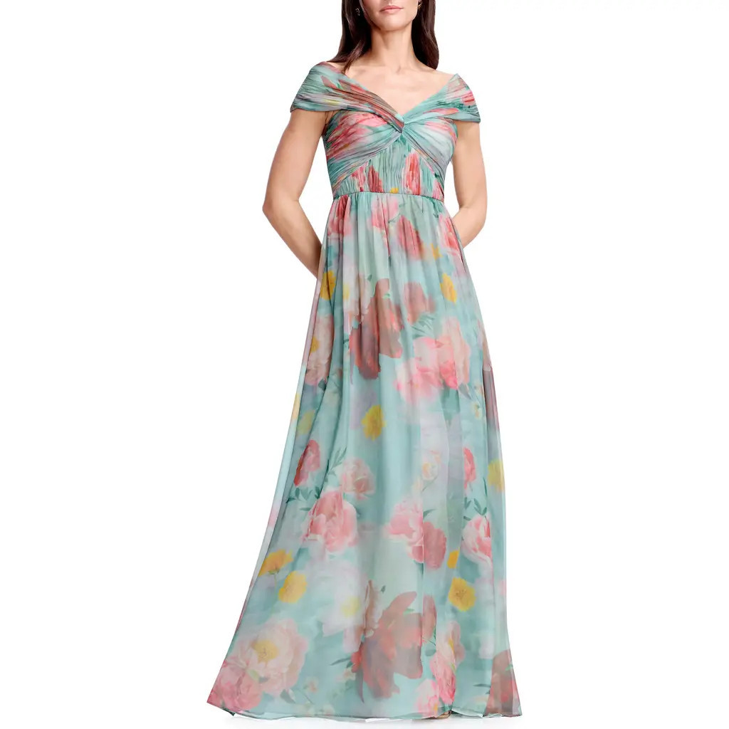 Dress the Population Xyla Floral Off the Shoulder Gown in Mint Multi at Nordstrom, Size X-Small | Nordstrom